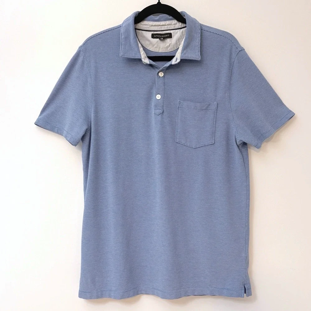 Banana Republic Blue Micro Stripe Short Sleeve Stretch Polo Mens Large
